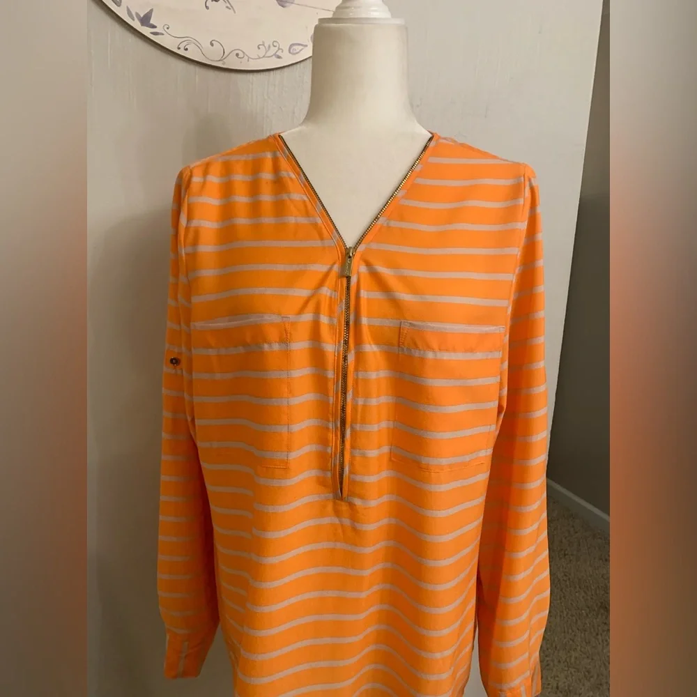 Calvin Klein Orange and Gray Striped V-Neck Top - Picture 2 of 7